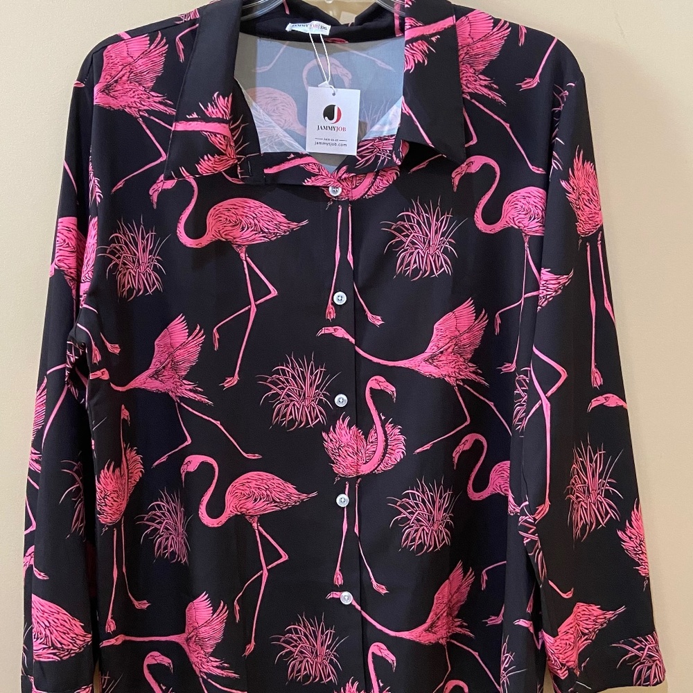 NWT JAMMY JOB SZ 3X Pink Flamingo Print Button Down Long Sleeve Shirt